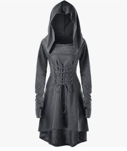 Medium grey Womens Renaissance Costumes Halloween Costume for Womens Medieval Vintage Hooded Costume High Low Pullover Dress