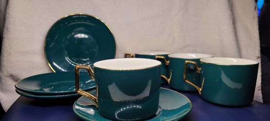 Teal and Gold Ceramic Cup and Saucer Set
