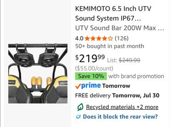 KEMIMOTO 6.5 Inch UTV Sound System IP67... UTV Sound Bar 200W Max