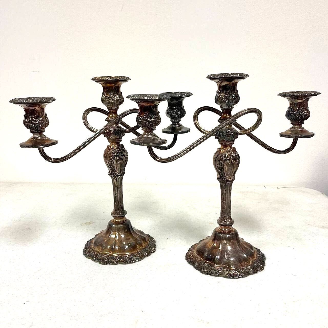 Candelabra Candle Twisted Arm, Ornate Silver Antiqued Patina, 3 Candle, Set of 2
