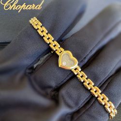 Vintage Chopard Happy Diamonds 18k yellow gold Heart panther link 0.07Ct Floating Diamond Bracelet Box & accessories