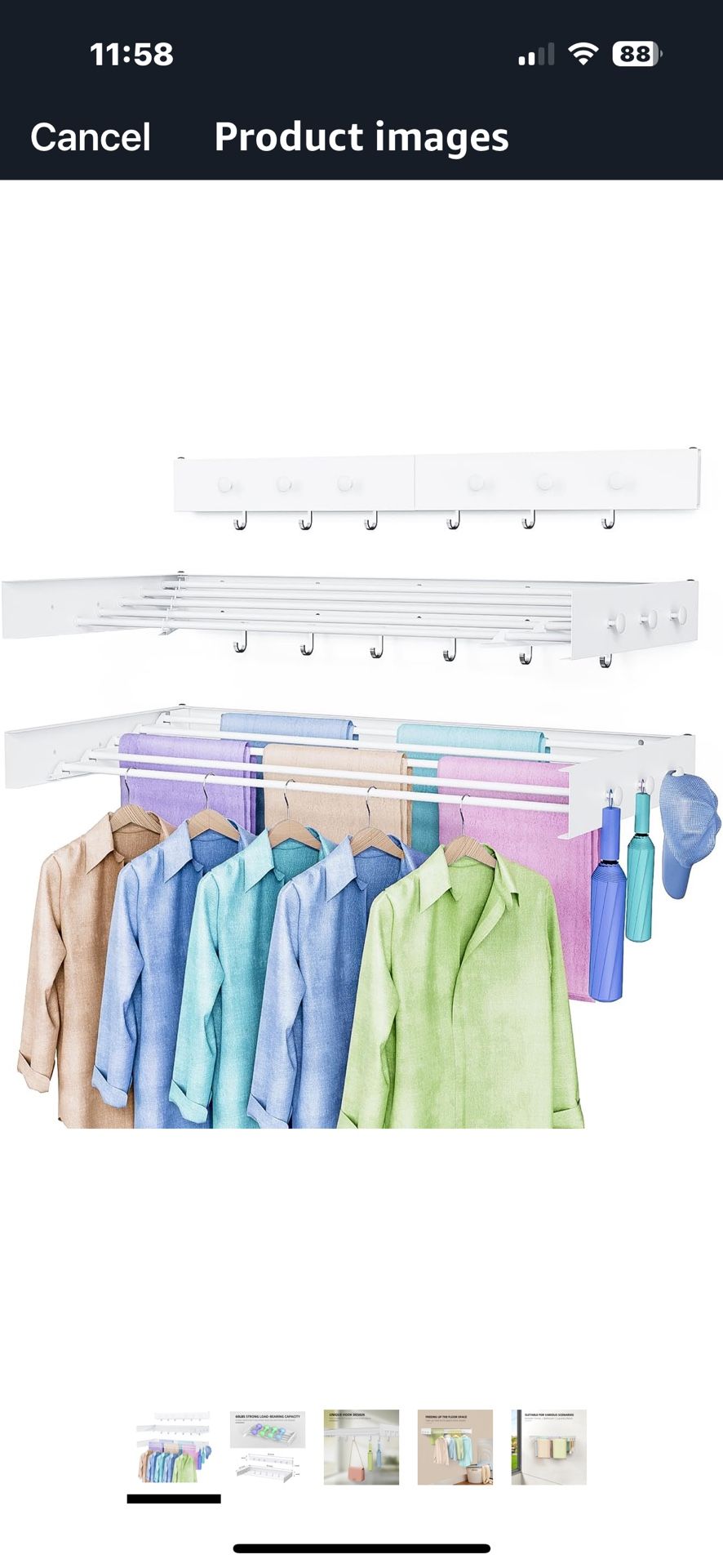 Brand New Wall Mounted Collapsible Clothes Rack 60Lb. Capacity, 39.8”W, 12 Hooks