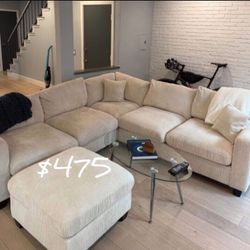 4-pc Sectional Sofa Couch With Ottoman,  Ivory,black, Grey, Dark Gray Sage Green