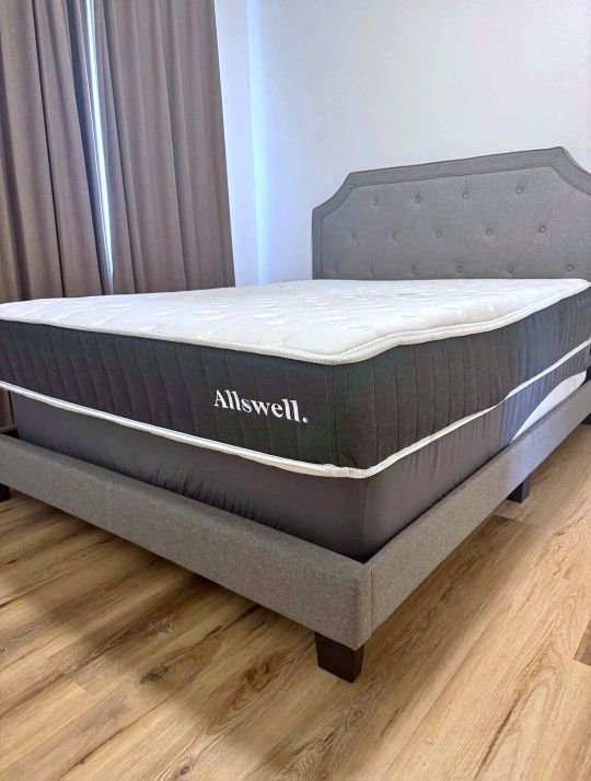 Queen Upholstered Bed Frame with Allswell 10" Hybrid Mattress and Boxspring