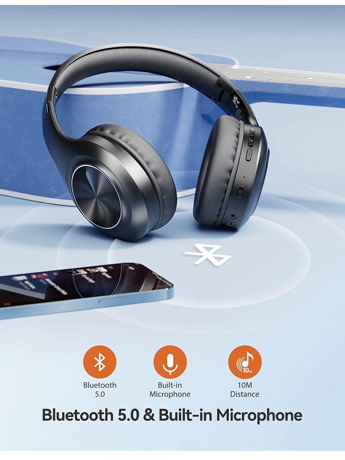 Bluetooth Headphones Over-Ear, Bass Enhancement 3 EQ Modes Foldable Wireless Headphones 