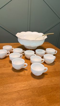 Vintage Milk Glass Punch Bowl Set