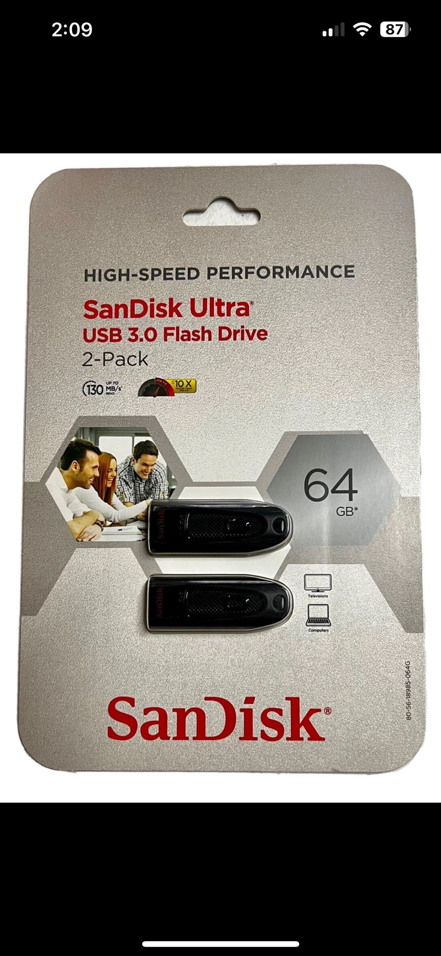 SanDisk SDCZ48-064G-AS162 Ultra High Speed USB 3.0 64 GB Flash Drive 2-Pack