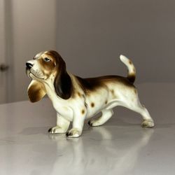 Vintage Porcelain Basset Hound Dog Figurine Ceramic Statue Miniature Japan 