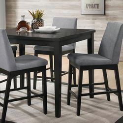 5pc Dining Set - Dark Wooden Counter Height Table + 4 Grey Chairs