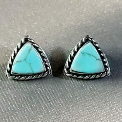 STERLING SILVER 925 TRILLION CUT TURQUOISE STUD EARRINGS ROPE BORDER MEXICO 925