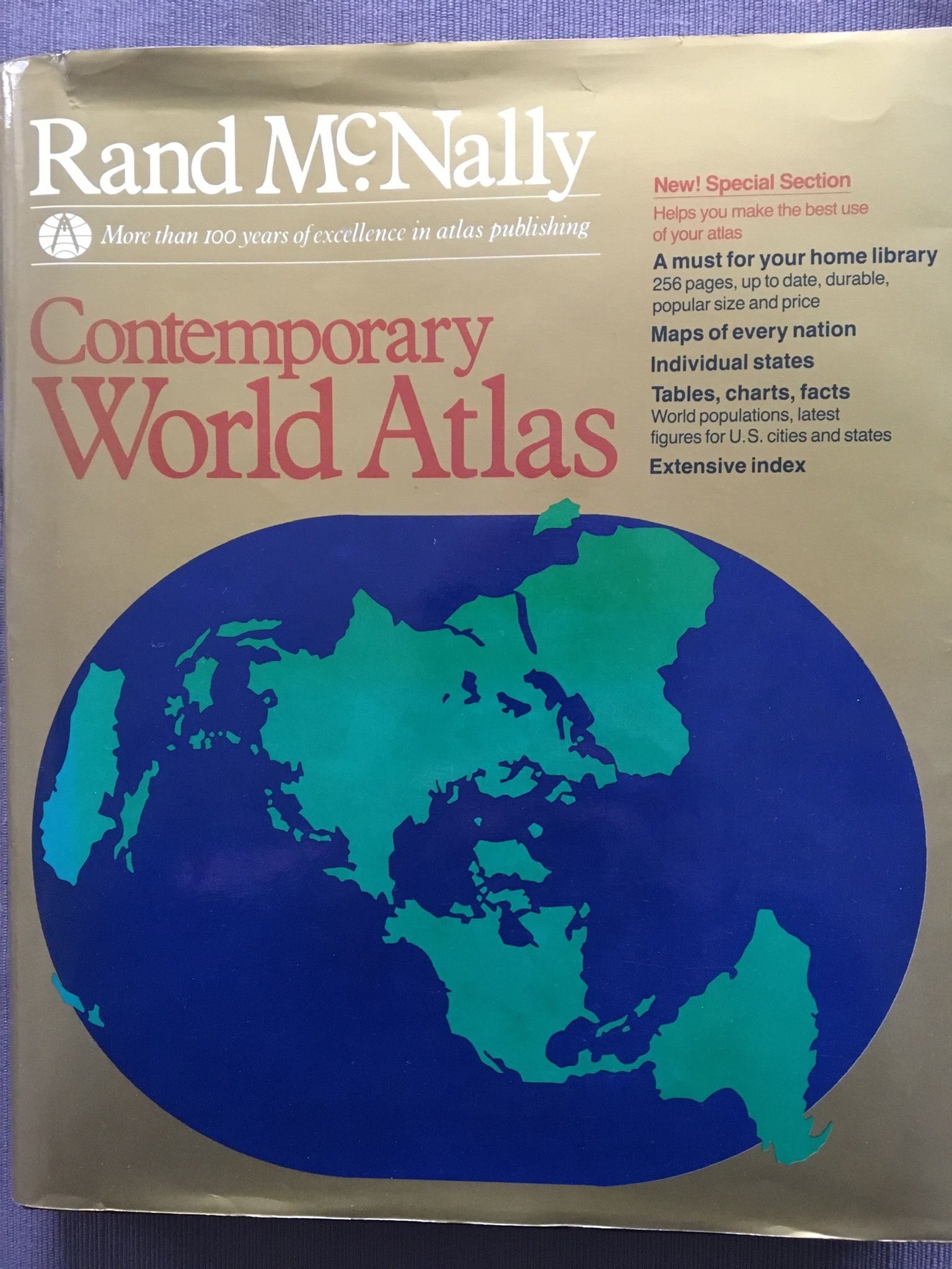 Rand McNally Contemporary World Atlas 1986 classic hardcover geographic reference book, 224 pages with maps of every nation and state, tables of world