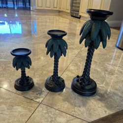 Set Of 3 vintage tropical-themed metal candlesticks, 