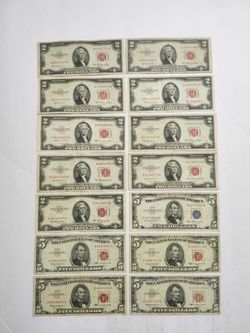 Old Red Seal & Blue Seal Five & Two Dollar Banknotes / Old U.S Currency Bills - Notes