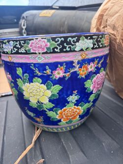 Large Chinese Blue Floral Ceramic Planter Jardiniere Fish Bowl Pot 14.5"