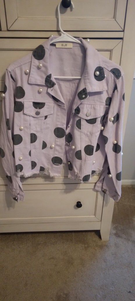 Lavender Polka Dot Denim Jacket With Pearl Detailing