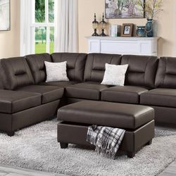 Brand New Espresso Leather 3pc Reversible Sectional Sofa With Storage Ottoman 