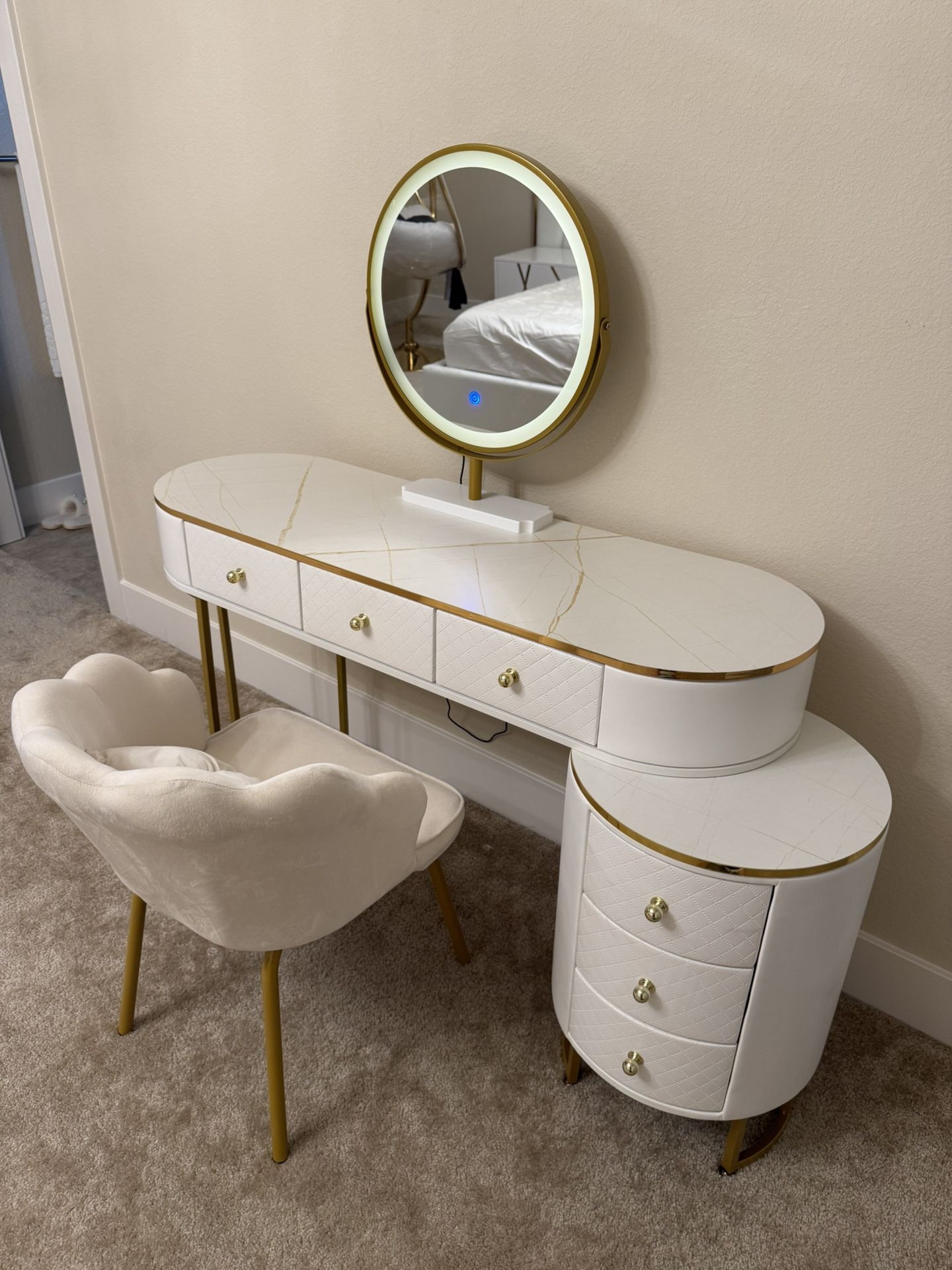 Luxury Vanity Desk, Chair , LED Ambient Light And Mirror