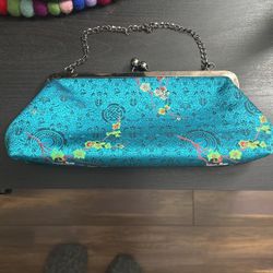 Turquoise satin hand clutch bag made in Korea