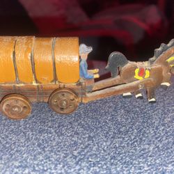 Carved Wood Horse Drawn Covered Wagon Vintage Japan Miniature Western Decor