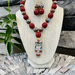Cinnabar and Cloisonné Owl Pendant Necklace And Earrings Set