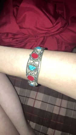 Large Silver Bracelet Cuff With tortuous and coral stones