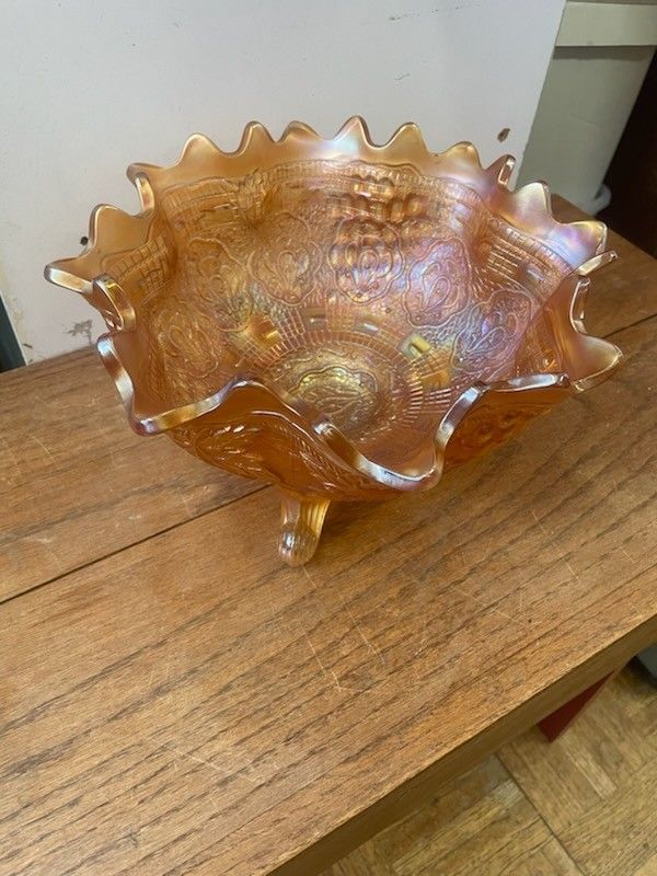 Antique Large Carnival Glass Iridescent Orange Glass Bowl