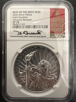 2026 Saint-Gaudens Silver Medal, NGC SP70  Advance Releases - signed by Kenneth Bressett