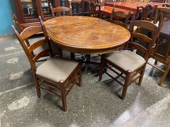 Farmhouse Round Dining Table w/ Leaf & 5 Cushioned Ladderback Chairs (Set of 6)