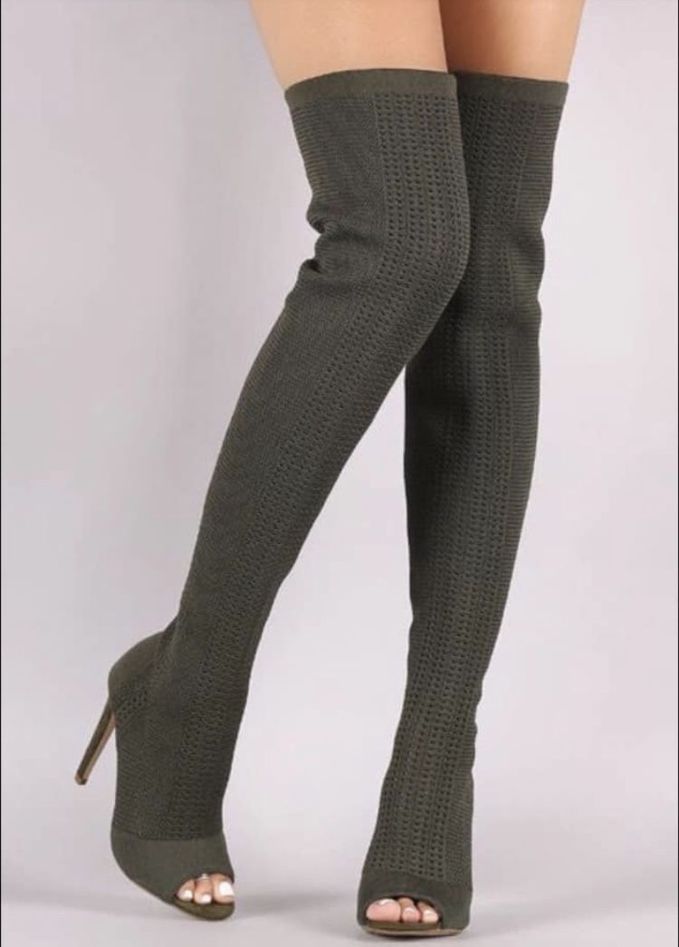 Olive Green Thigh High Knitted Peep Toe Boots NEW!! 7.5