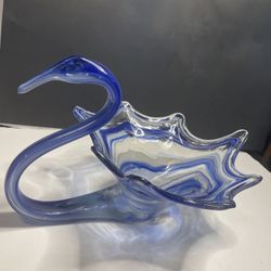Vintage Blue Swirl Murano Style Hand Blown Art Glass Swan Bowl Dish. No Chips