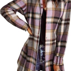 NEW! Color Block Plaid Shacket Jacket Long Sleeve Button Down Flannel (Large Pink)