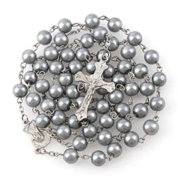 N94- Beautiful Rosary,  Imitation Pearls, Jesus Pendant!
