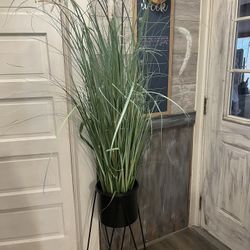 Faux Pom Grass In Black Planter 