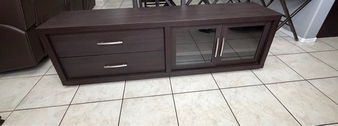 Dark Brown TV Stand with Drawers and Glass Doors