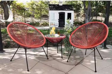 coral/salmon red 3-Pieces Outdoor Acapulco Woven Plastic Lounge Chair with 2 Chair and Glass Top Table