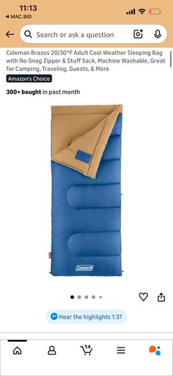 Coleman Brazos 20/30°F Adult Cool-Weather Sleeping Bag with No-Snag Zipper & Stuff Sack, Machine Washable, Great for Camping, Traveling, Guests, & Mor