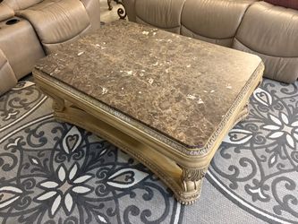 Marble Top Coffee Table with Carved Wood Base