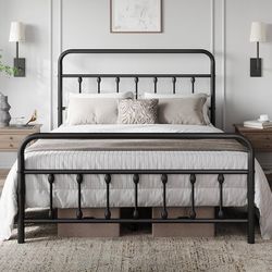 Classic Metal Platform Bed Frame Mattress Foundation with Victorian Style Iron-Art Headboard/Footboard/Under Bed Storage/No Box Spring Neede