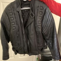 Leather motorcycle padded jacket with zipper vents. Also has zip out lining.