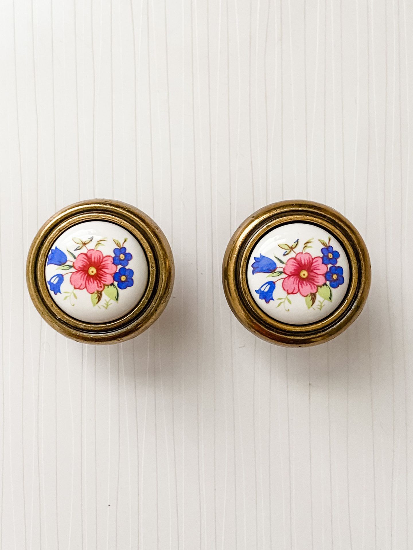 Vintage Ceramic and Brass Floral Drawer Pulls- A Pair