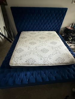Large Blue King Platform Tufted Bed