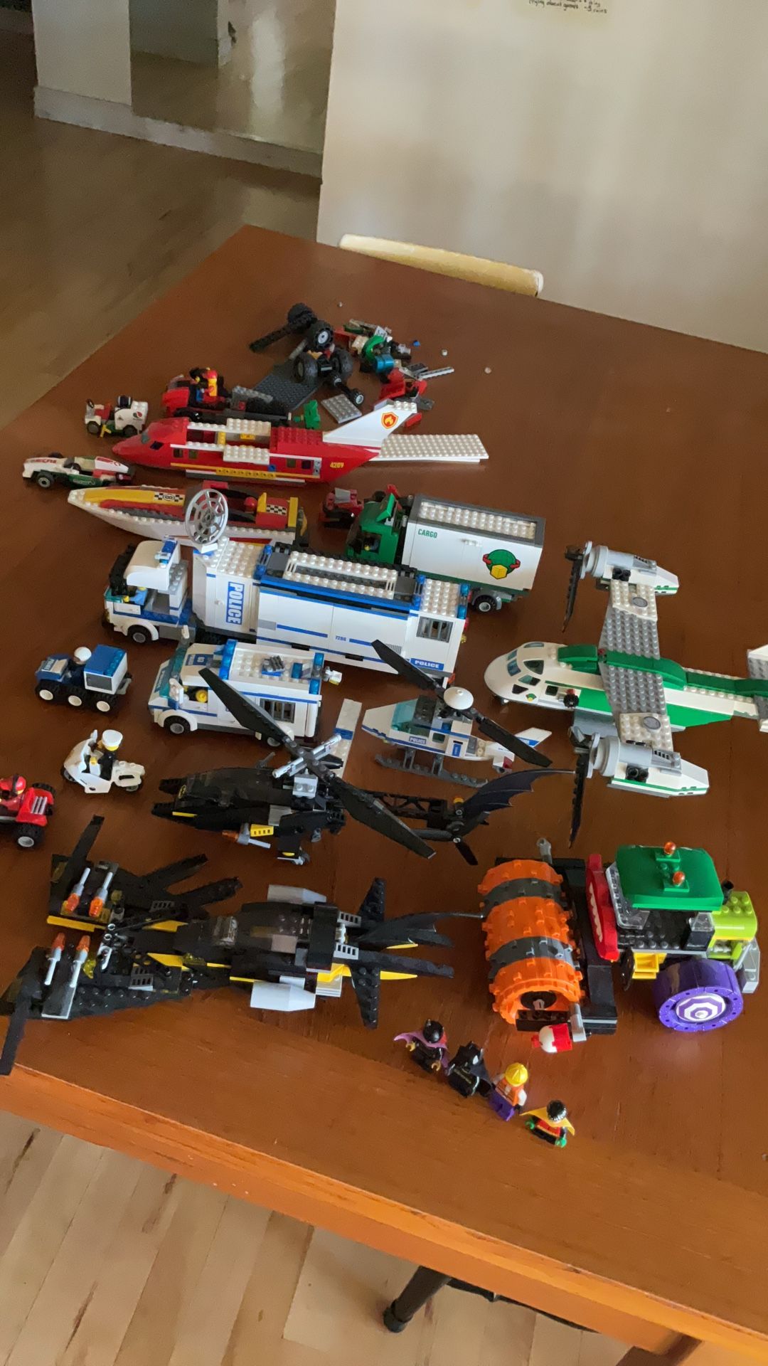 Large Lot Of Incomplete LEGO Sets Around 20 Minifigures Total Batman 3 Vehicles 4 Minifigures Set 76013 76011 Cargo Plane Truck Police Cars Helicopter