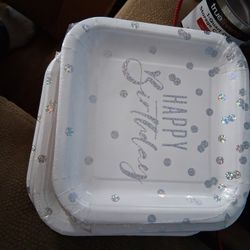 7 Pkg Of Happy Birthday 8 Ct Silver Foil Polka Dots Square Paper Dinner Plates - 8 3/4
