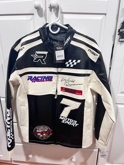 Copper Rivet Men's Leather Motorcycle Racing Jacket Black/White Colorblock L