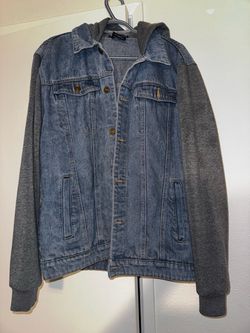 Denim Jacket with Gray Hoodie Sleeves