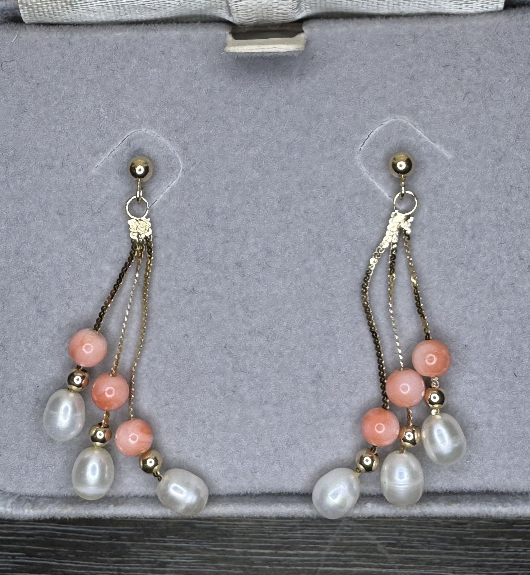 14K Solid Gold S-Link Fringe Dangle Earrings W/ Coral Beads & Freshwater Pearls