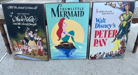 Vintage Walt Disney Snow White and the Seven Dwarfs, The Little Mermaid Ariel & Peter Pan Wood Wall Plaques Movie Decor Art Silver Buffalo