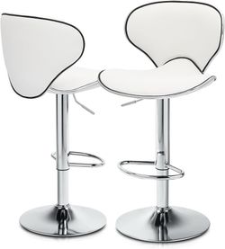 V41 $50  Bar Stools Set of 2 Adjustable Swivel Bar Chairs, Modern White PU Leather Counter Height Barstools with High Backrest and Footrest for Bar, K