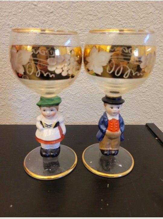 Goebel Hummel Figurine Wine Glasses German Boy and Girl Gold Trim West Germany