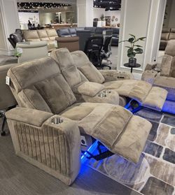 Power Recliner Sofa with Drop Table and Love seat Console in Soft Fabric!!